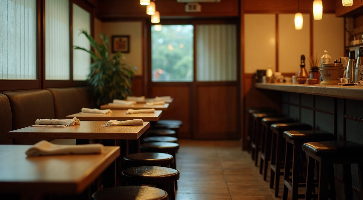 夕方の営業前に用意された小さな居酒屋の客席。箸置きと畳んだおしぼりが並ぶ四人掛けのテーブルと、右手のカウンター席