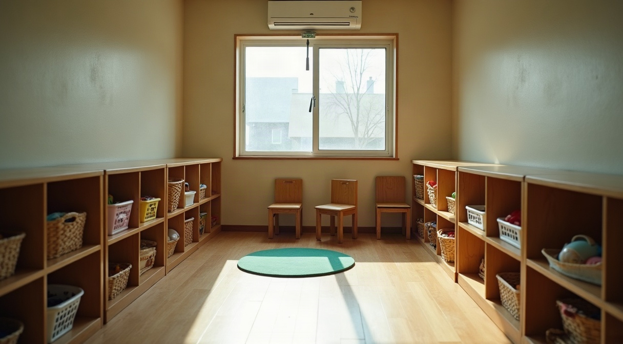 登園前の小規模保育園の保育室。低い木製の棚におもちゃのかごが並び、隅にマットのコーナー、壁際に重ねた小さな椅子