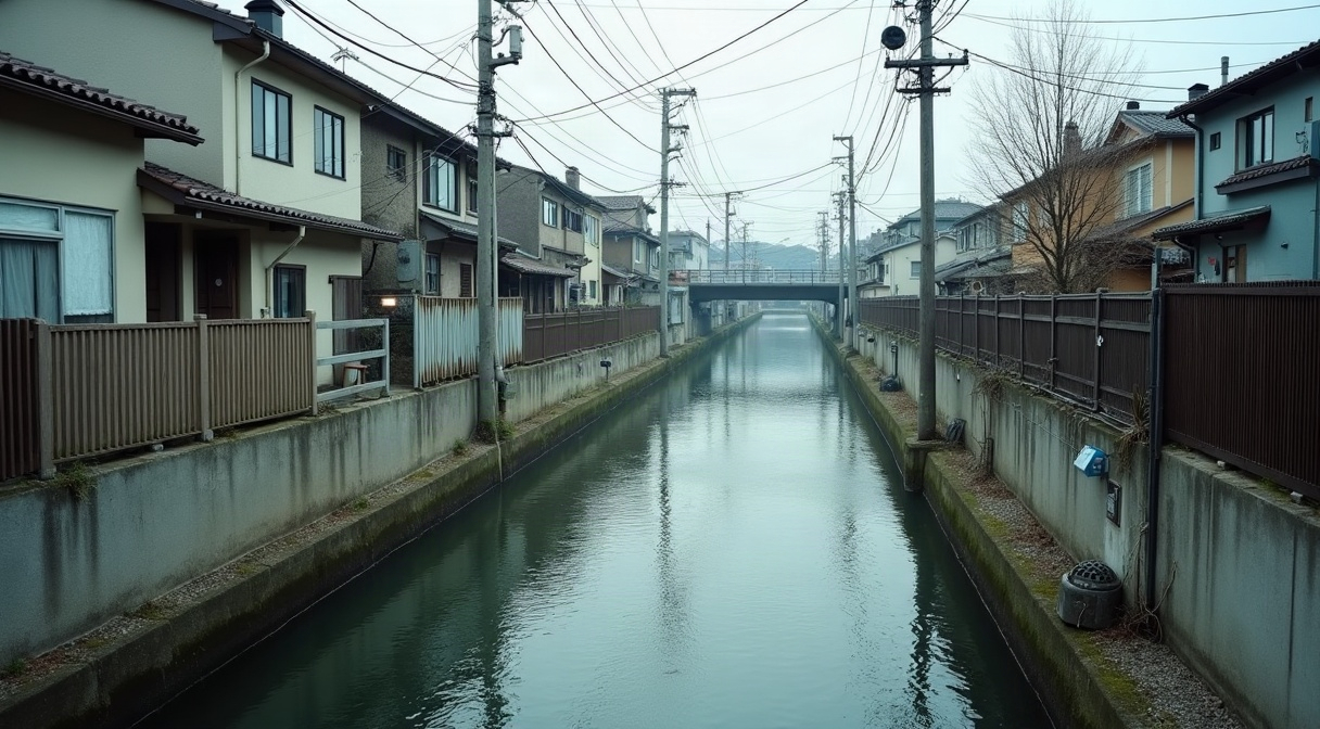 住宅地を流れる川。両岸に家が並び、遠くに橋が一本だけ見える
