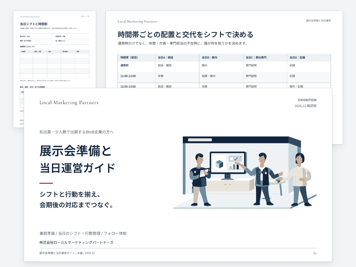 展示会準備と当日運営ガイドの表紙と、シフト・時間割を整理する実際の紙面