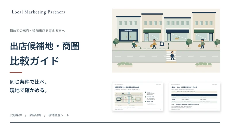 出店候補地・商圏比較ガイドの表紙と、来店経路・候補比較を整理する実際の紙面