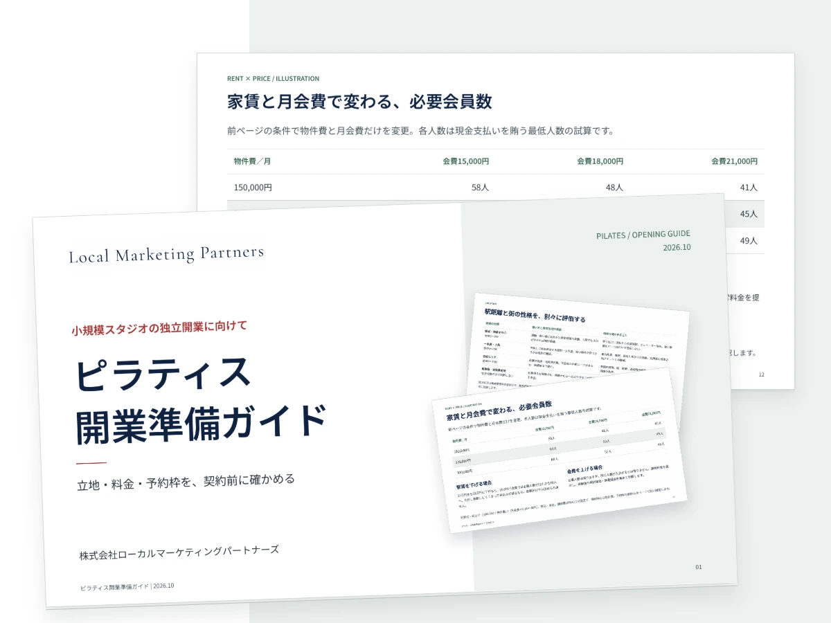 ピラティス開業準備ガイドの表紙と料金・収支の検討例