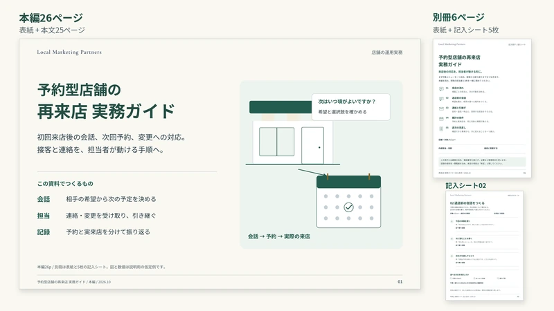 予約型店舗の再来店 実務ガイドの表紙、その場で次回を決めない人への会話分岐、準備・片付けを含む予約枠と会話シートの紙面