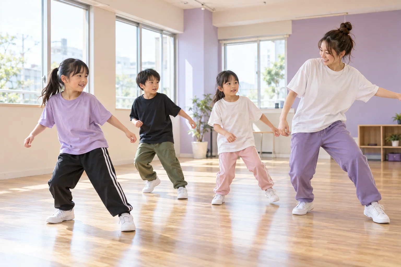 明るいスタジオでダンスを練習する子どもたちのイメージ